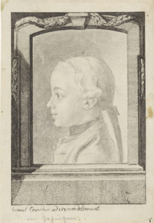 Unknown boy in profile, print, Portrait of a boy, in profile facing left. Drawn portrait within a