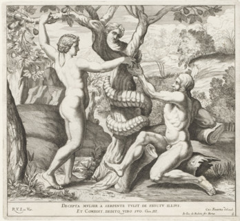 Adam and Eve eating the forbidden fruit, Raphael Bible, Imagines Veteris ac Novi Testamenti,