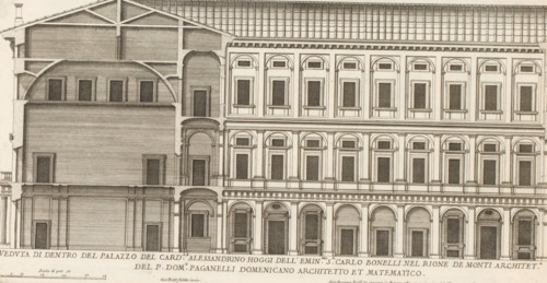 Facade and vertical section of the palace of Cardinal Alessandrino, Veduta di dentro del Palazzo