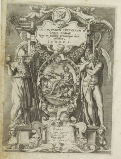 Title print with Roma, Minerva and Saturn, Antique sculptures in Rome, Antiquarum statuarum urbis