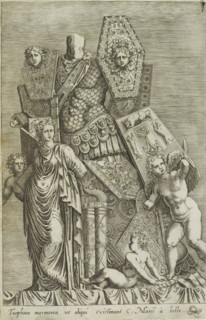 Tropoea marmorea ut aliqui existiman, Trophy of weapons, a female figure and angels, Antiquarum