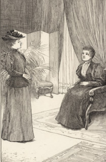 Two women in an interior, drawing, print, book illustration (design), A woman sits in an armchair