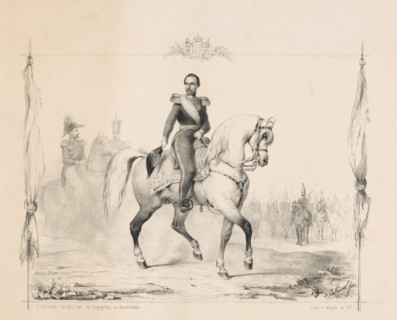 Equestrian portrait of King William III, print, Behind the king stands the cavalry., : 'These