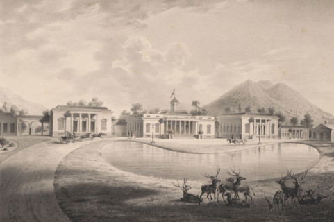 View of the palace at Buitenzorg, Vue du palais de Buitenzorg. Ile de Java, Vues de Java, print,