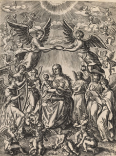 Enthroned Mary with the Christ Child, print, album page, Surrounded by musical angels. This print