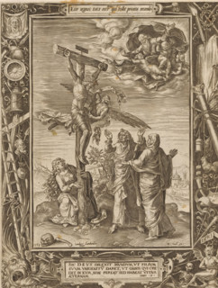 Crucifixion, print, album page, Christ hangs on the cross. An angel catches his blood in a chalice.