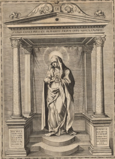 Maria, print, album page, Mary standing in a temple of four columns. This print is part of an album