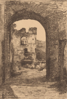 Rheinfels, View through a gate of the ruins of Rheinfels Castle, print, printmaker: Cornelia