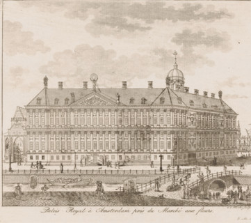 View of the Royal Palace in Amsterdam, Royal Palace in Amsterdam near the flower market, print,