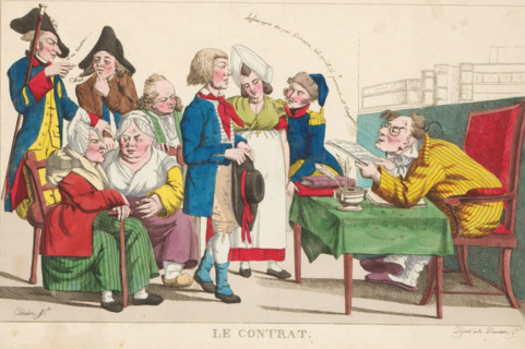 Village caricature No. 2, The contract, cartoon, print, Caricature of a group of villagers gathered