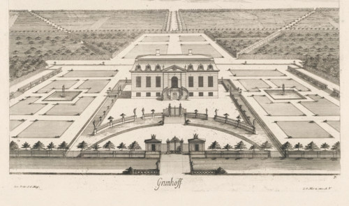 Grunhof, View of a country house, print, book illustration, possibly the former Schloss Grünhoff