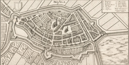 Map of Brielle, Briela, area plan, print, Top left the city coat of arms, top right a legend with