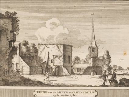 Ruins of Rhynsburg Abbey, on the right side, View of the ruins of Rijnsburg Abbey, print, book
