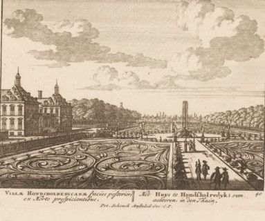Villae Hondsholredicanae facies posterior, ex horto prospicientibus, Het huys te Hondsholredyk, van