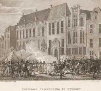 Great commotion in Nijmegen, Street fighting in Nijmegen, 1703, print, book illustration, Street