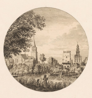 View of Culemborg with the St. John's Church and the inner gate, print, Round print with the now