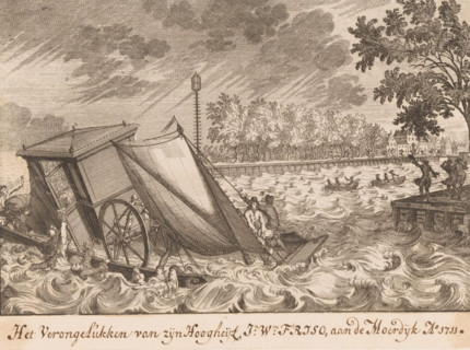 Prince Johan Willem Friso drowns at Moerdijk, print, book illustration, annotation: 'Biography of