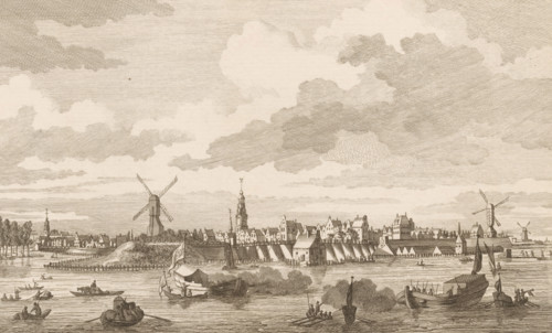 Arnhem seen from across the water, print, 1700 - 1750, printmaker, paper, etching, height 165 mm x