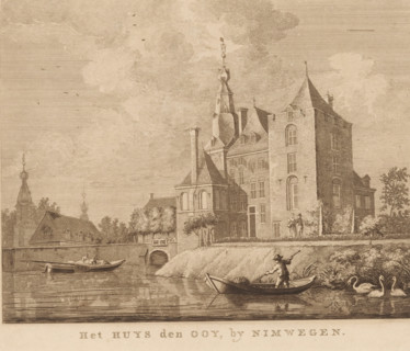 Het Huys den Ooy, by Nimwegen, View of Ooy Castle from the water, print, Netherlands, c. 1770 - c.