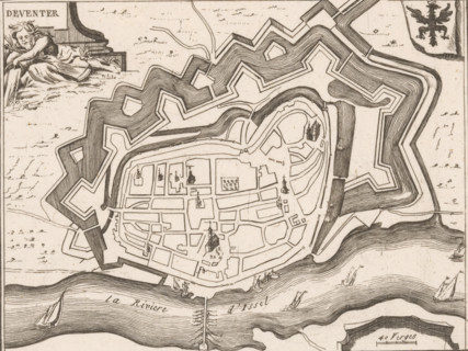Fortification map of Deventer, Deventer, area plan, print, Top left a river god. Top right the city