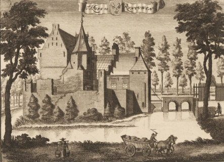 View of the house or castle Rhijnauwen near Bunnik, T huys te Rynouwen, print, book illustration,