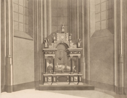 Church interior with gisant, print, number: 'T 974, s-', France (possibly), 1700 - 1799,