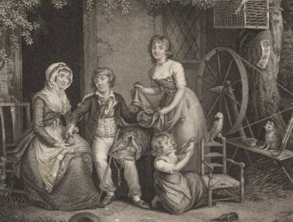 Family in a portico with a spinning wheel, print, France, 1800 - 1850, printmaker, paper,