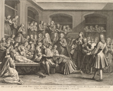 Mourning figures around the tomb of François de Pâris, print, book illustration, France, publisher: