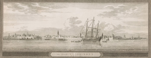 View of Vlissingen, 1743, The city of Vlissingen seen from the sea, print, book illustration,