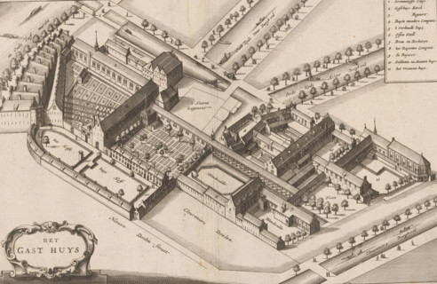 Bird-of-the-art view of the Binnengasthuis in Amsterdam, Het Gast huys, print, book illustration,
