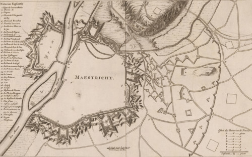 Maestricht, Fortification map of Maastricht, 1673, area plan, print, On the left a French legend