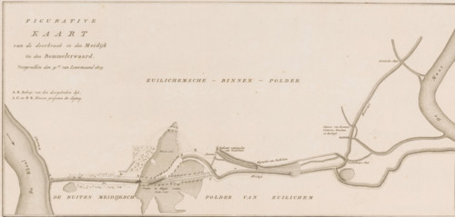 Map of dike breach in the Bommelerwaard, 1809, Figurative Map of the breach in the Meidijk in the