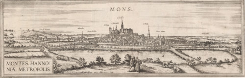 Montes, hannoniae metropolis, View of Mons, print, book illustration, View of Mons with text in