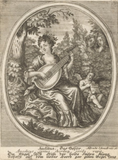 Auditus, Das Gehör, Hearing, Personifications of the five senses, print, Germany (possibly),