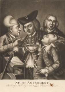 Night Amusement, Four drinking men next to a stand with sheet music, print, number: '30',