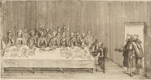 Monks begging at a banquet, Diné Canonial, Brabant Revolution, 1787-1790, cartoon, print,
