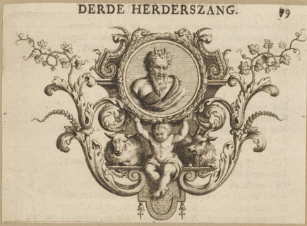 Vignette with a medallion depicting Pan held up by a putto, Third Pastoral Song, print, vignette,