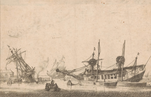 Two keeled sailing ships, print, Mirror image copy. A shipyard with two underlays keeling a large