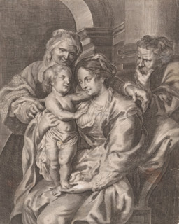 Holy Family with Anna, print, The Christ Child stands on Mary's lap and leans on her bare breast.