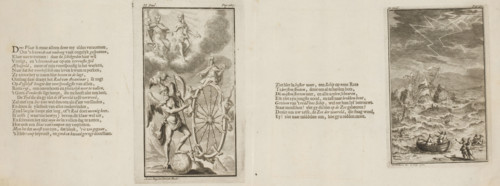 Shipwreck on a rocky coast during storm and lightning (right plate), Fates with thread of life,