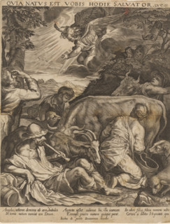 Abraham leaves for Shechem, Annunciation to the shepherds, print, Netherlands, after design by
