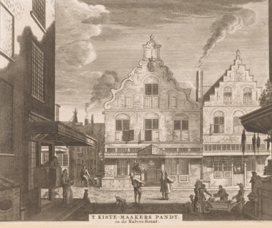 View of the Kistenmakerspand in Amsterdam, 'T kiste-maakers pandt, in the Kalverstraat, print, View