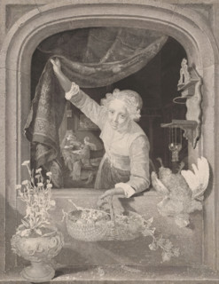 Woman with a basket of fruit in her hand by the window, print, A young woman with a basket of fruit