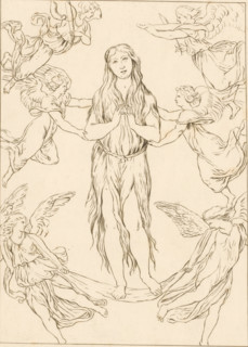 Assumption of Mary Magdalene, print, She is carried by four angels. Above her two more musical
