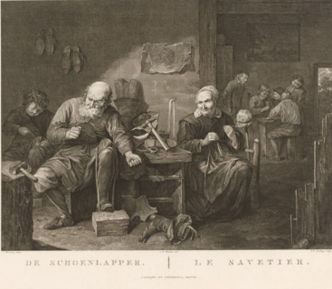 The Shoemaker, Le Savetier, Shoemaker in workshop and spinning woman, print, printmaker: Johannes
