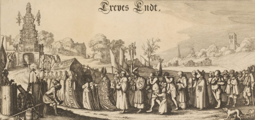 Treves being carried to the grave, 1621, Treves Endt, print, propaganda print, 1621. Allegory on