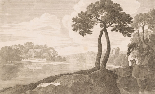 Two trees by a river, print, Numbered bottom right: 4., printmaker: Nicolas Perelle, printmaker: