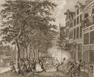 Riot in front of a tailor's house in Amsterdam, 1748, print, Unrest during the Tenant Farmers'
