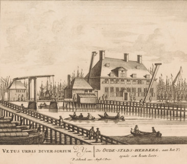 View of the Old City Inn on the IJ in Amsterdam, Vetus urbis diversorium ad Yam, The old city inn,