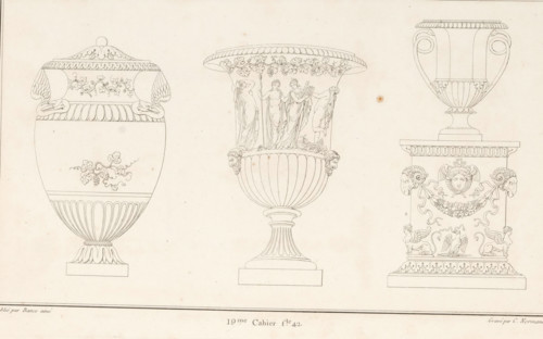 Three vases, ornamental print, Ornamental print with three vases, one on a pedestal. Part (19th.